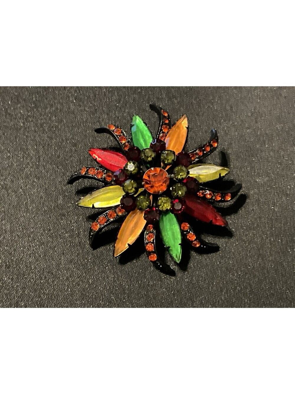 Vintage Selini Black Metal W/ Multicolor Rhinestone Petals Brooch